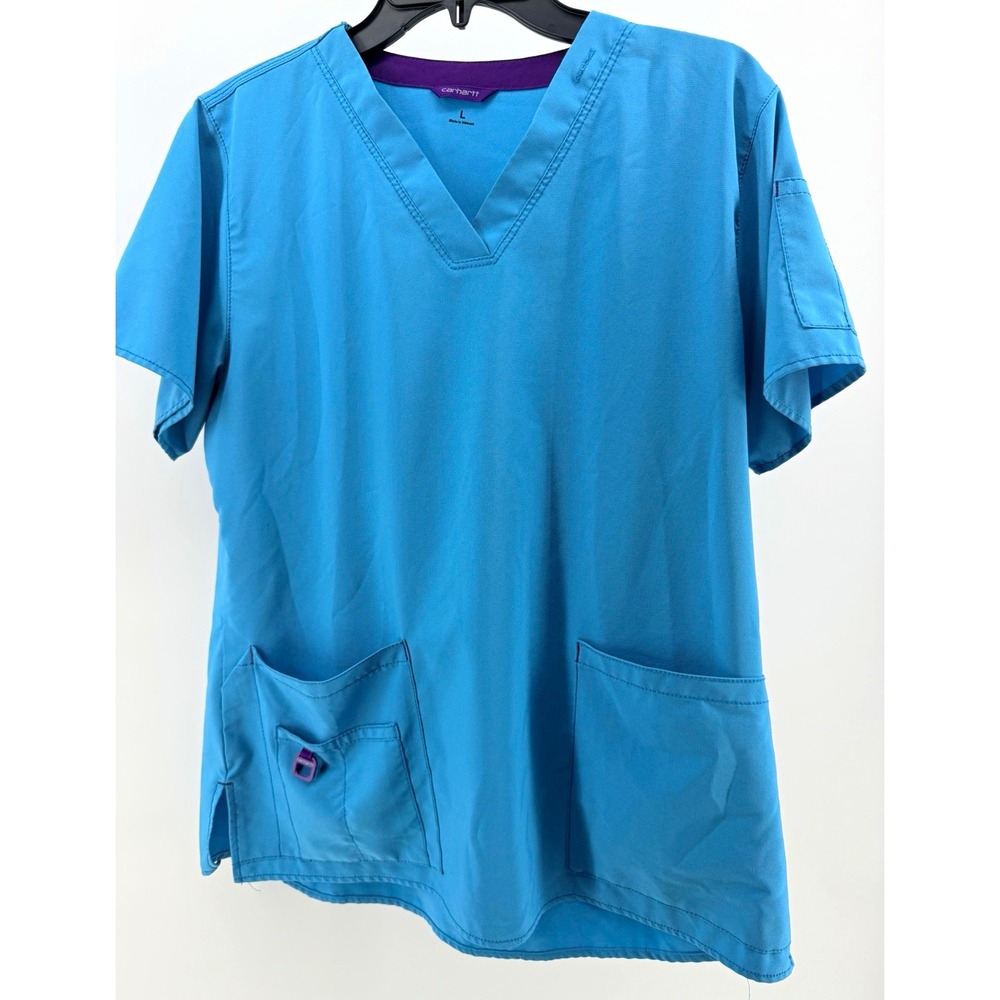 Carhartt Unisex Medical Scrub Top L Blue V-Neck Solid Woven Polyester